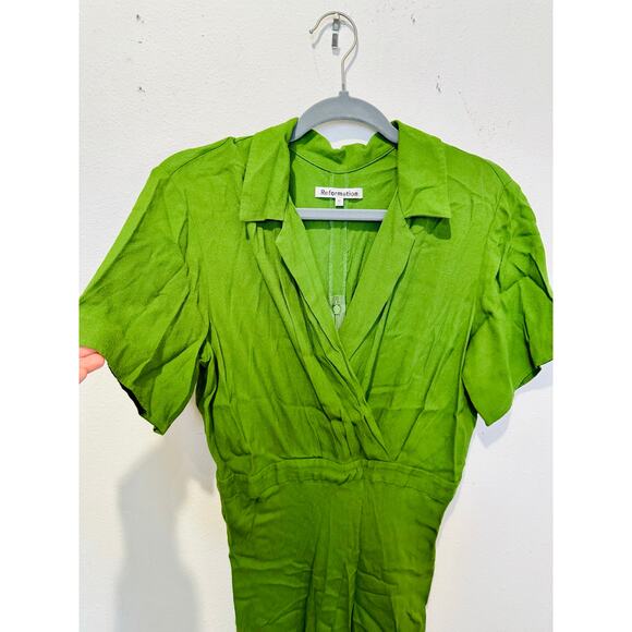 REFORMATION Green Satin Blend Short Sleeve V-Neck Danika A-Line Dress Size M - Picture 10 of 14